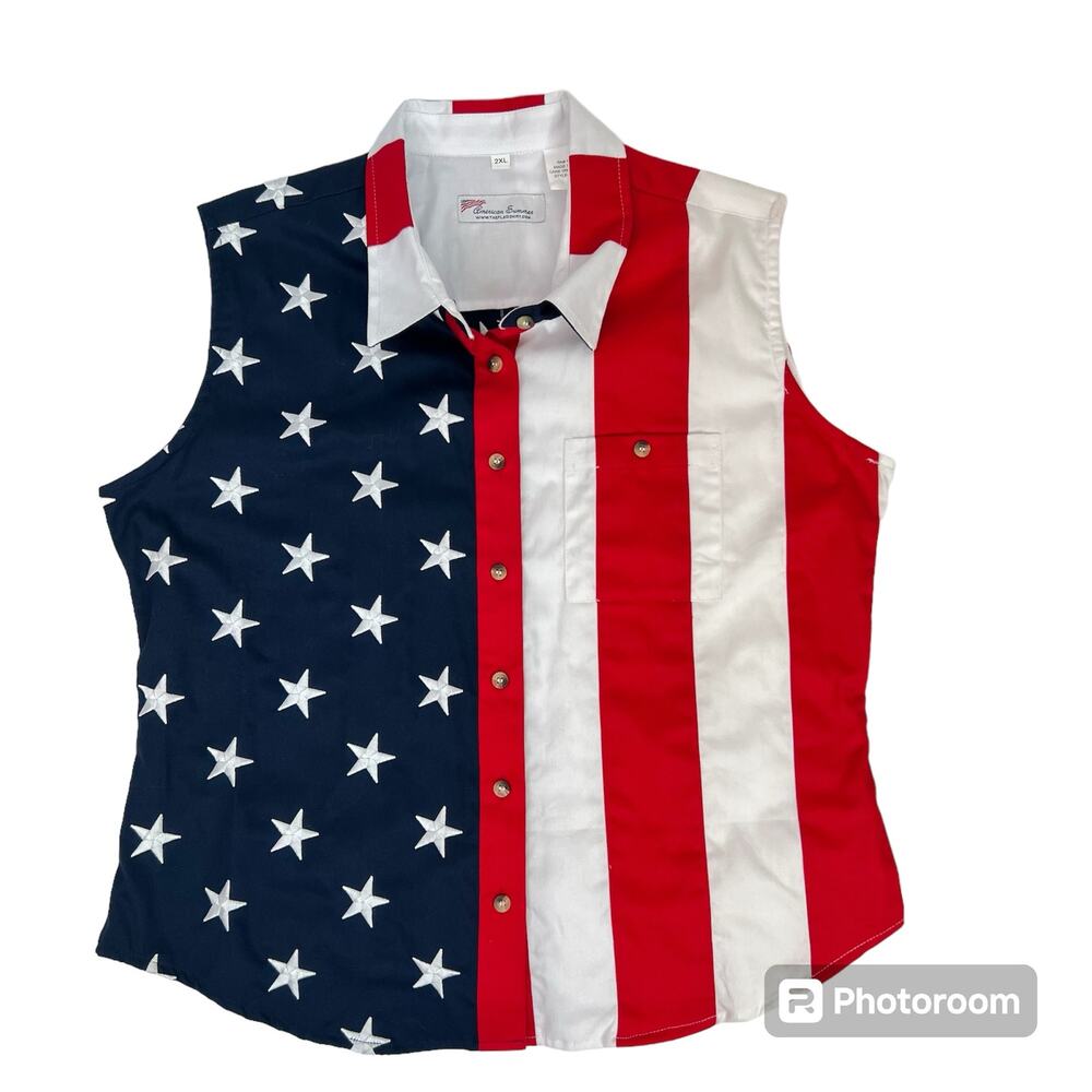 Sleeveless American Flag Button-Up Blouse - Red White Blue